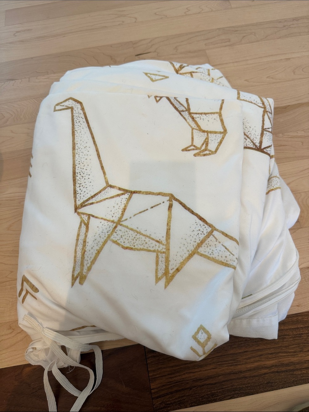 White Duvet Cover with Gold Origami Dinosaur Print - Home Bedding